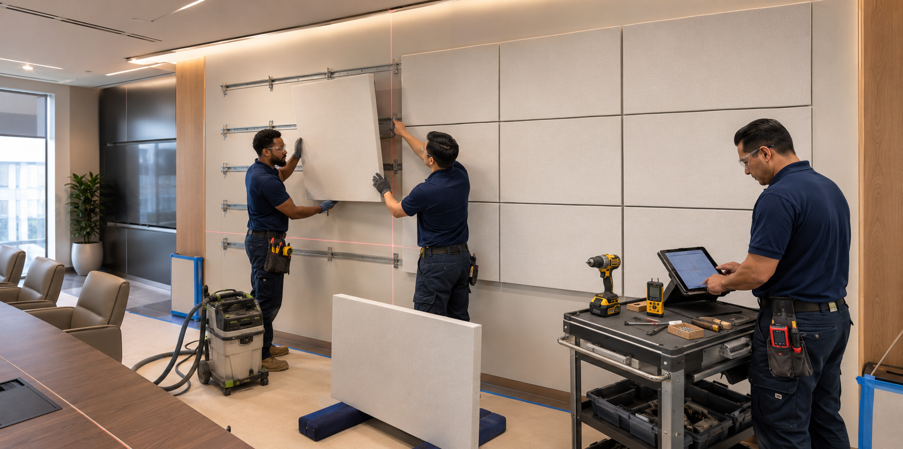 Commercial crew installing large acoustic wall panels with concealed mounting rails