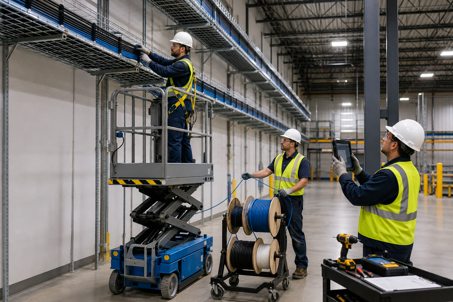 Warehouse technicians routing and labeling low-voltage cables in overhead cable trays