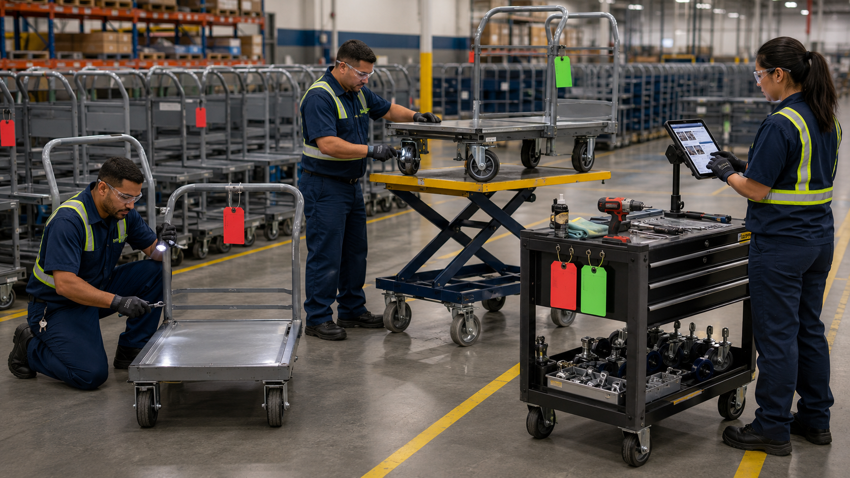 Maintenance technicians inspecting warehouse carts and servicing casters at a controlled work station