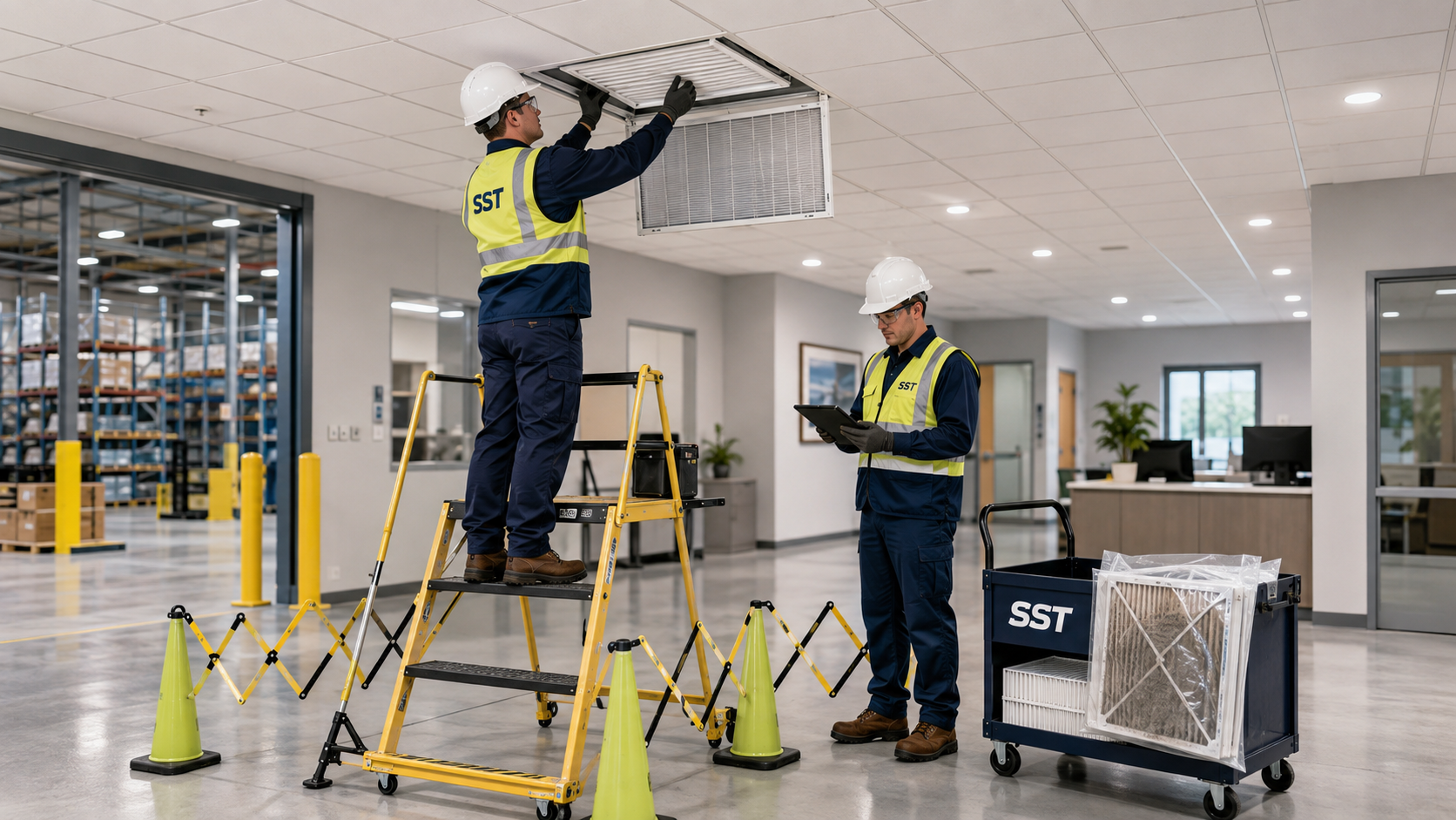 SST technicians replacing a return-air filter in an acoustical ceiling