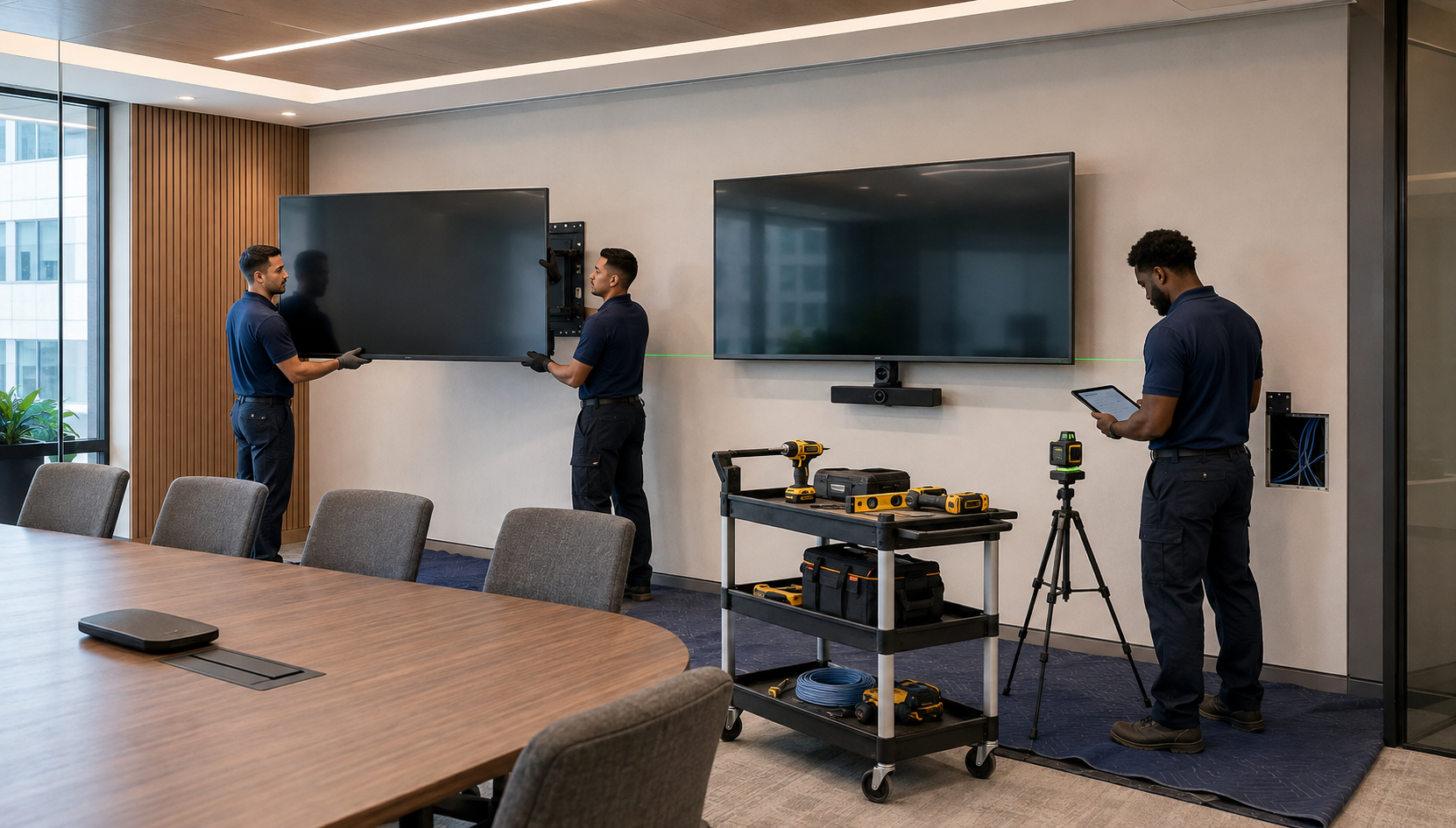Technicians installing dual presentation displays in a conference room