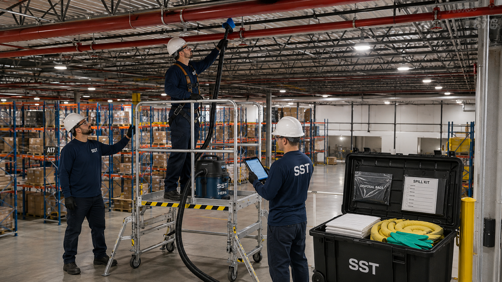 Three-person SST crew safely cleaning warehouse fire sprinkler heads with HEPA capture and a spill kit ready nearby