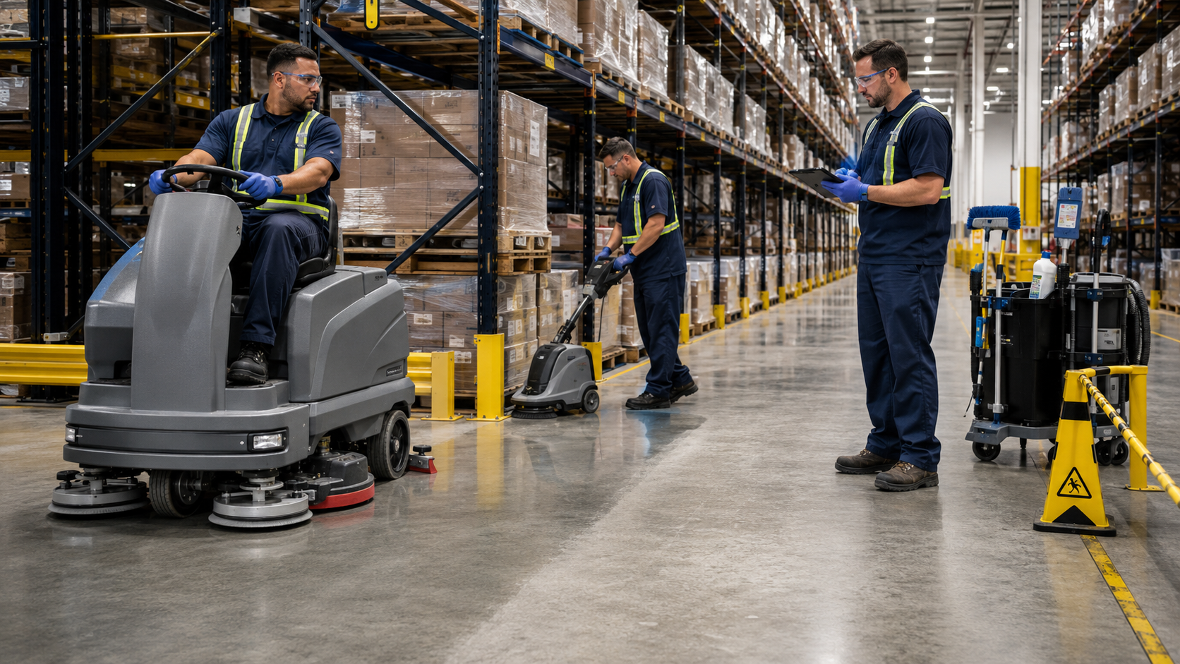 Three-person warehouse team cleaning and polishing a concrete floor with battery-powered equipment