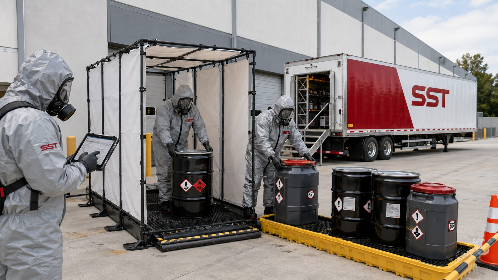 SST technicians operating a decontamination and secure hazardous-waste transfer station