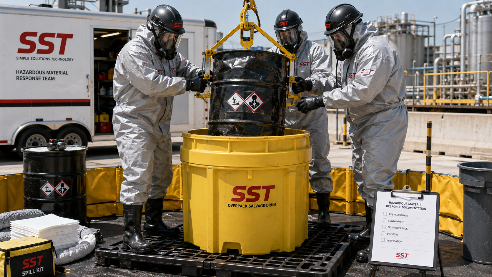 SST hazardous-material technicians placing a sealed damaged drum into a salvage overpack