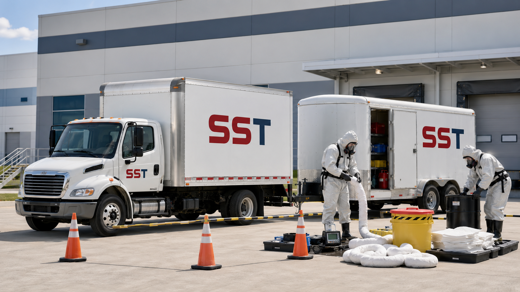 SST hazardous-material response truck and equipment trailer staged outside a commercial warehouse