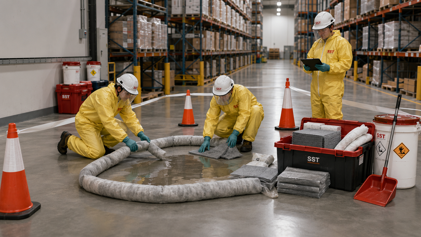 SST technicians containing and cleaning a chemical spill inside a warehouse