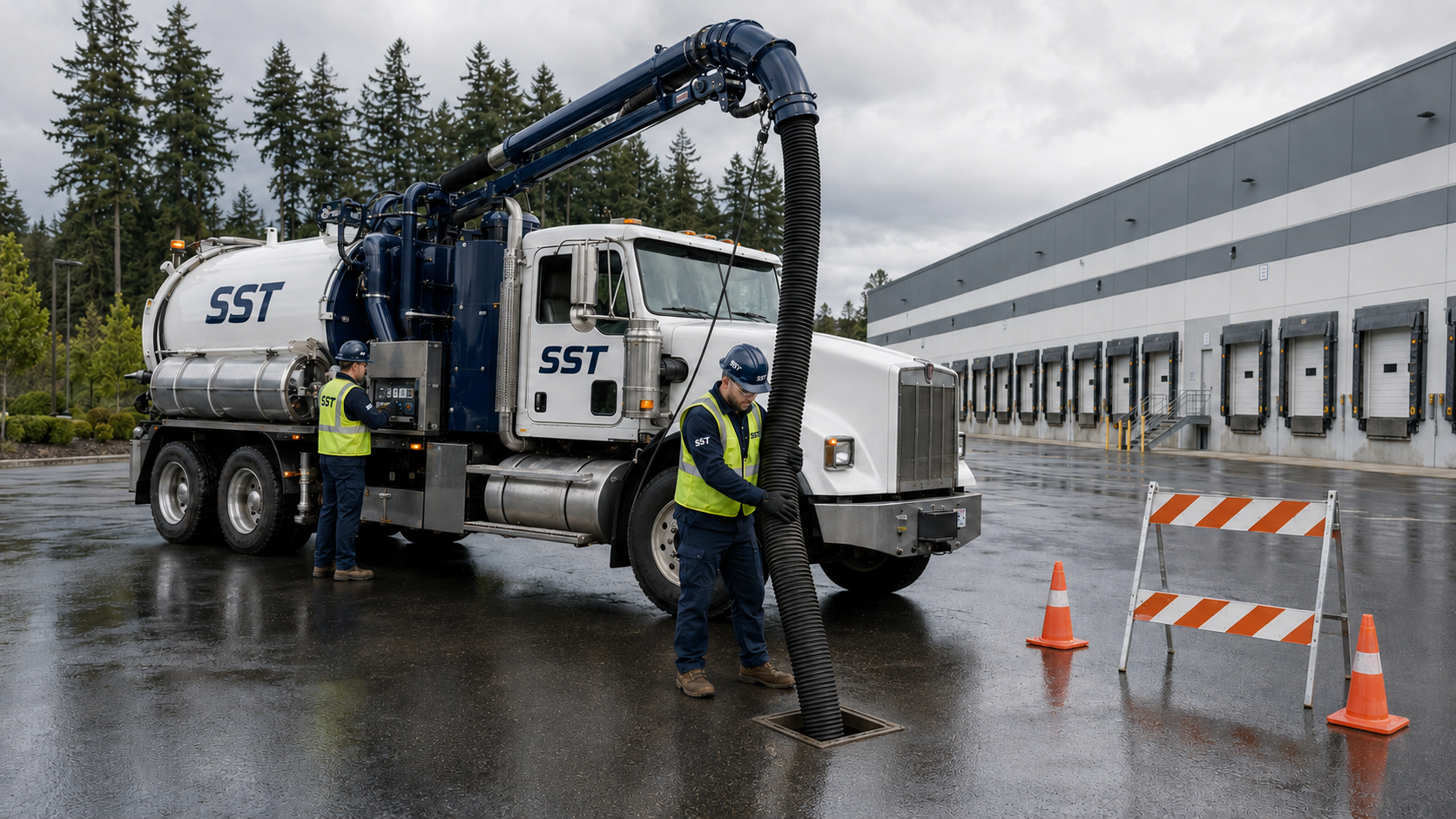 SST hydrovac truck cleaning a stormwater catch basin in a warehouse parking lot