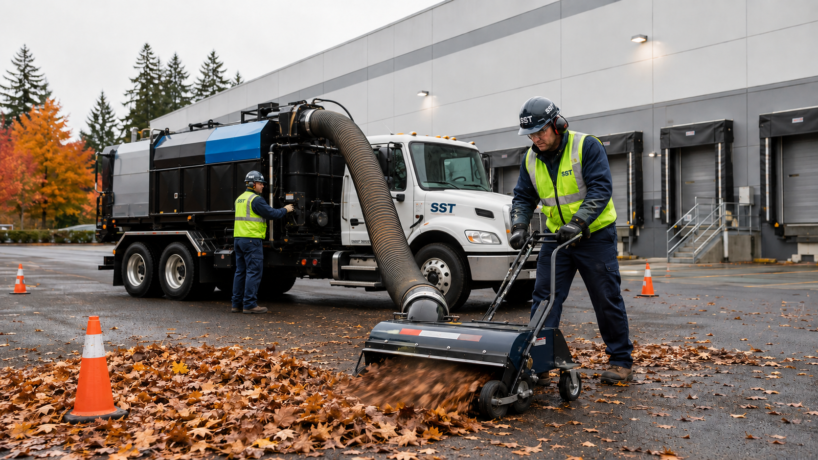SST industrial vacuum collecting leaves from a warehouse parking lot