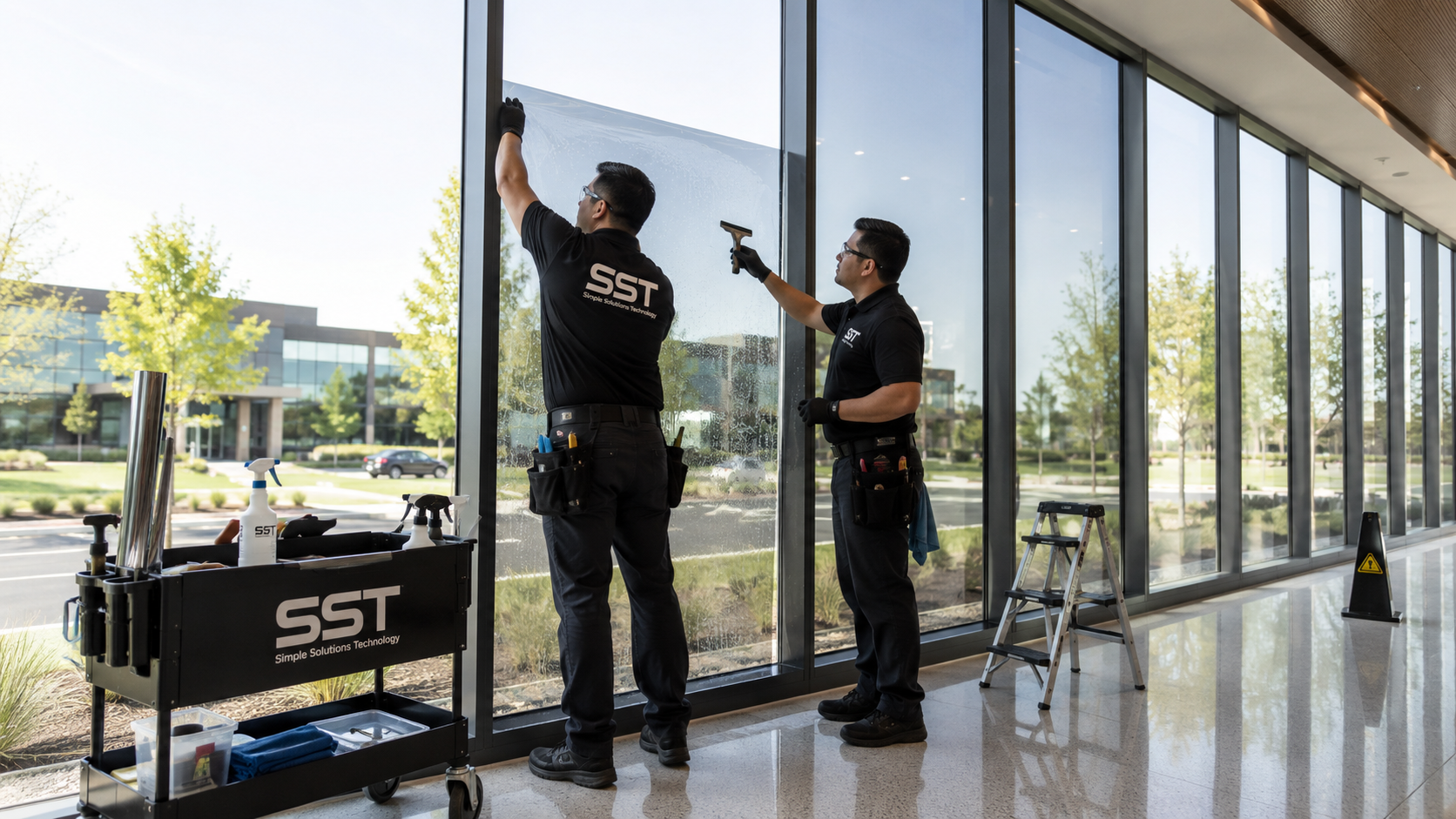SST technicians applying window film inside a commercial building