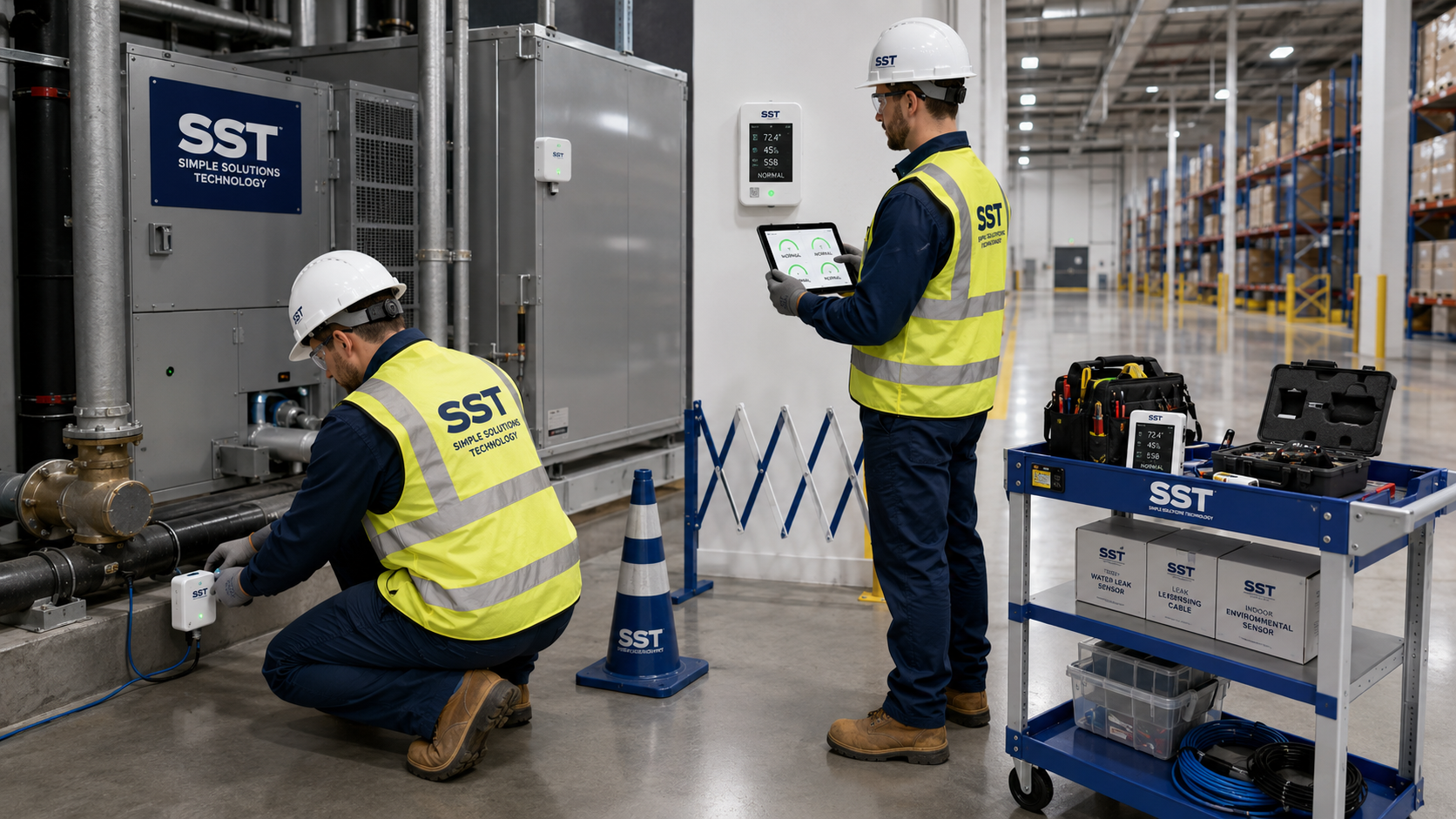 SST technicians installing a water-leak sensor and commissioning indoor environmental monitoring devices