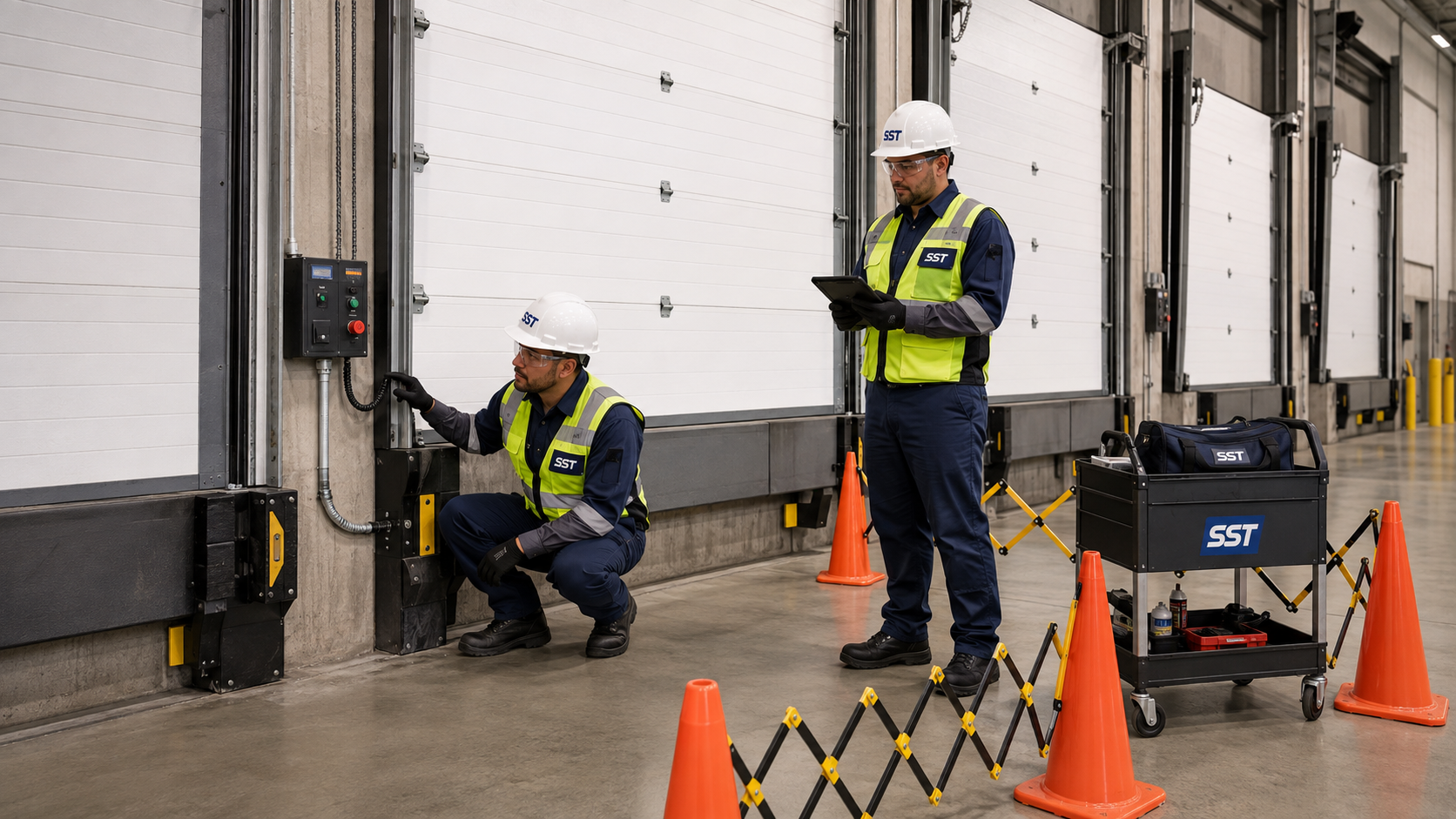 SST technicians inspecting loading-dock doors and documenting conditions inside a warehouse