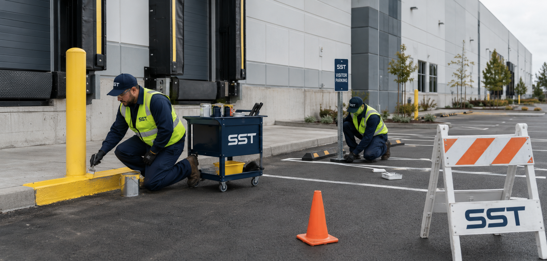 SST technicians maintaining curbs, bollards, and pavement markings at a warehouse