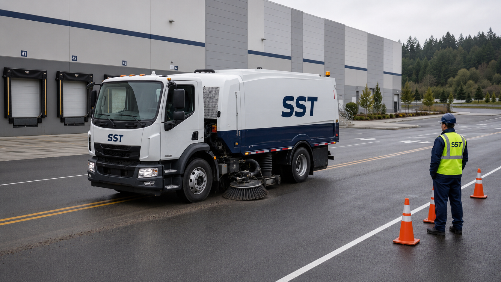SST regenerative-air street sweeper cleaning a warehouse parking lot and loading-area drive lane