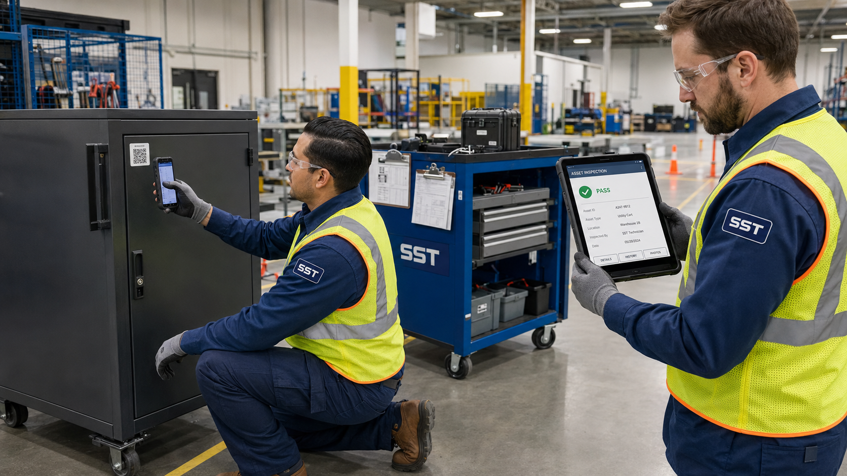 SST technician scanning a QR asset tag while documenting warehouse equipment condition
