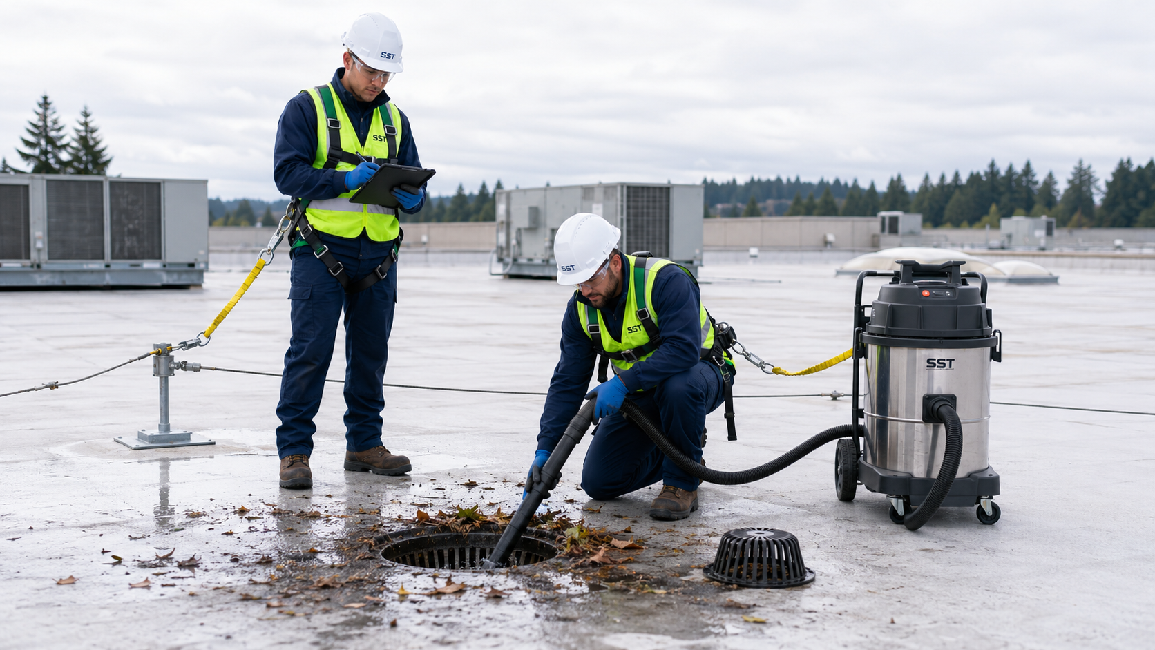 SST technicians cleaning leaves and sediment from a commercial roof drain