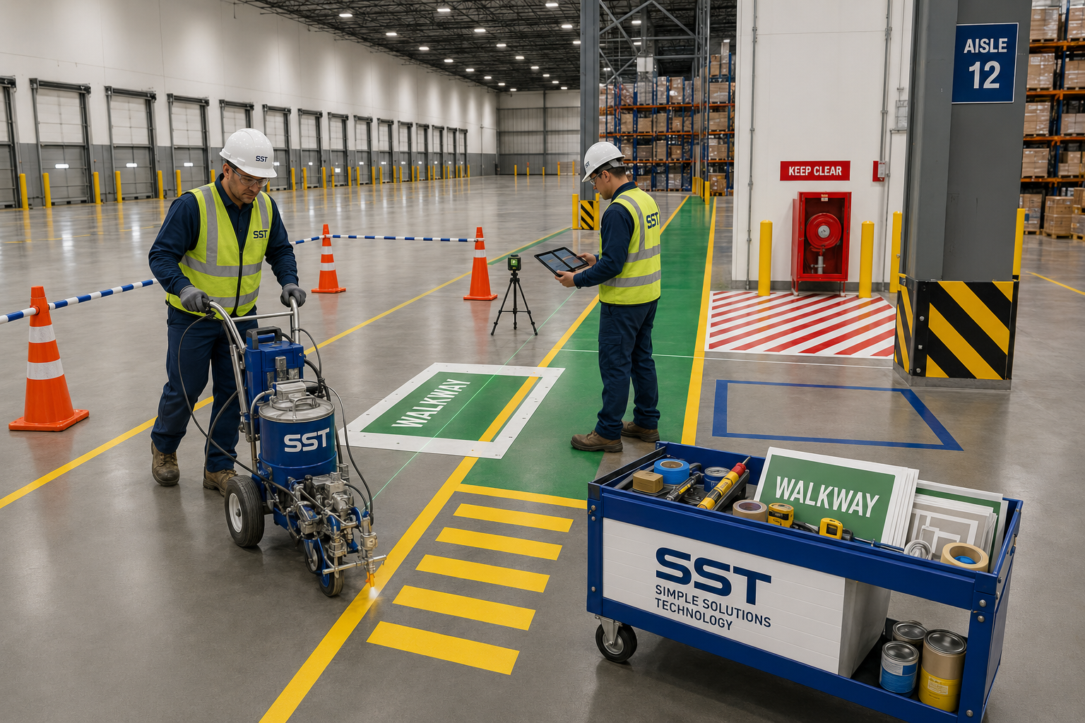 SST technicians installing warehouse floor lines, pedestrian markings, and visual safety controls