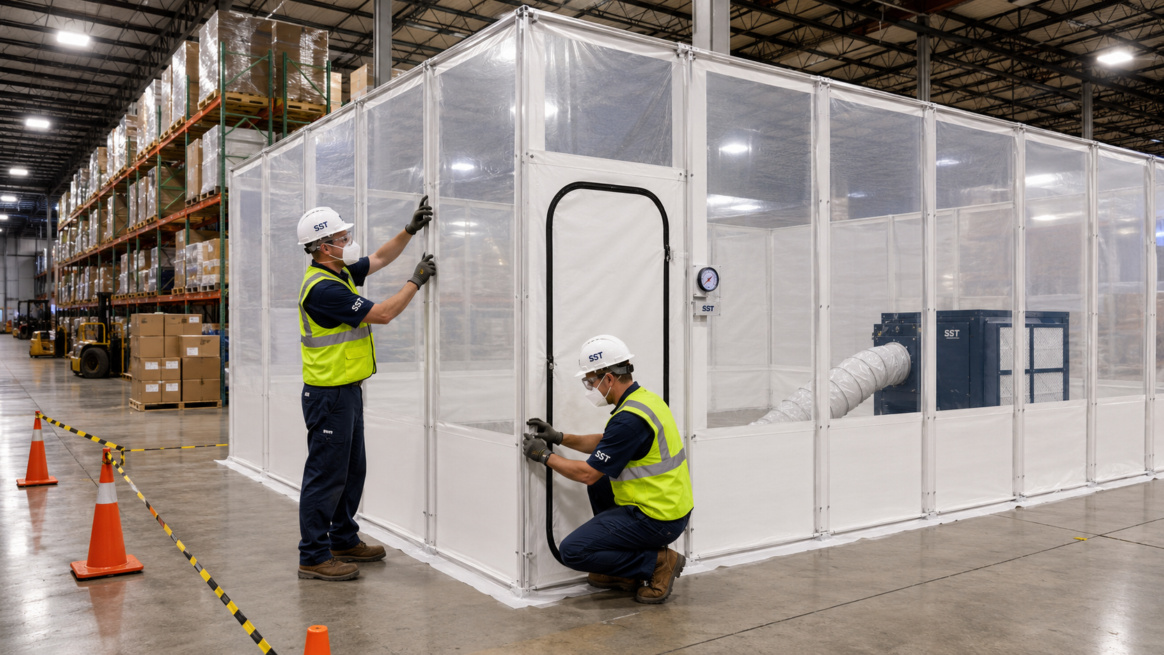SST technicians installing a clean temporary containment wall inside an active warehouse