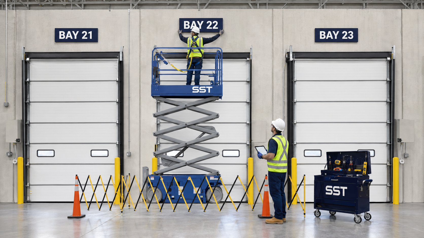 SST technicians installing bay identification signs inside a warehouse