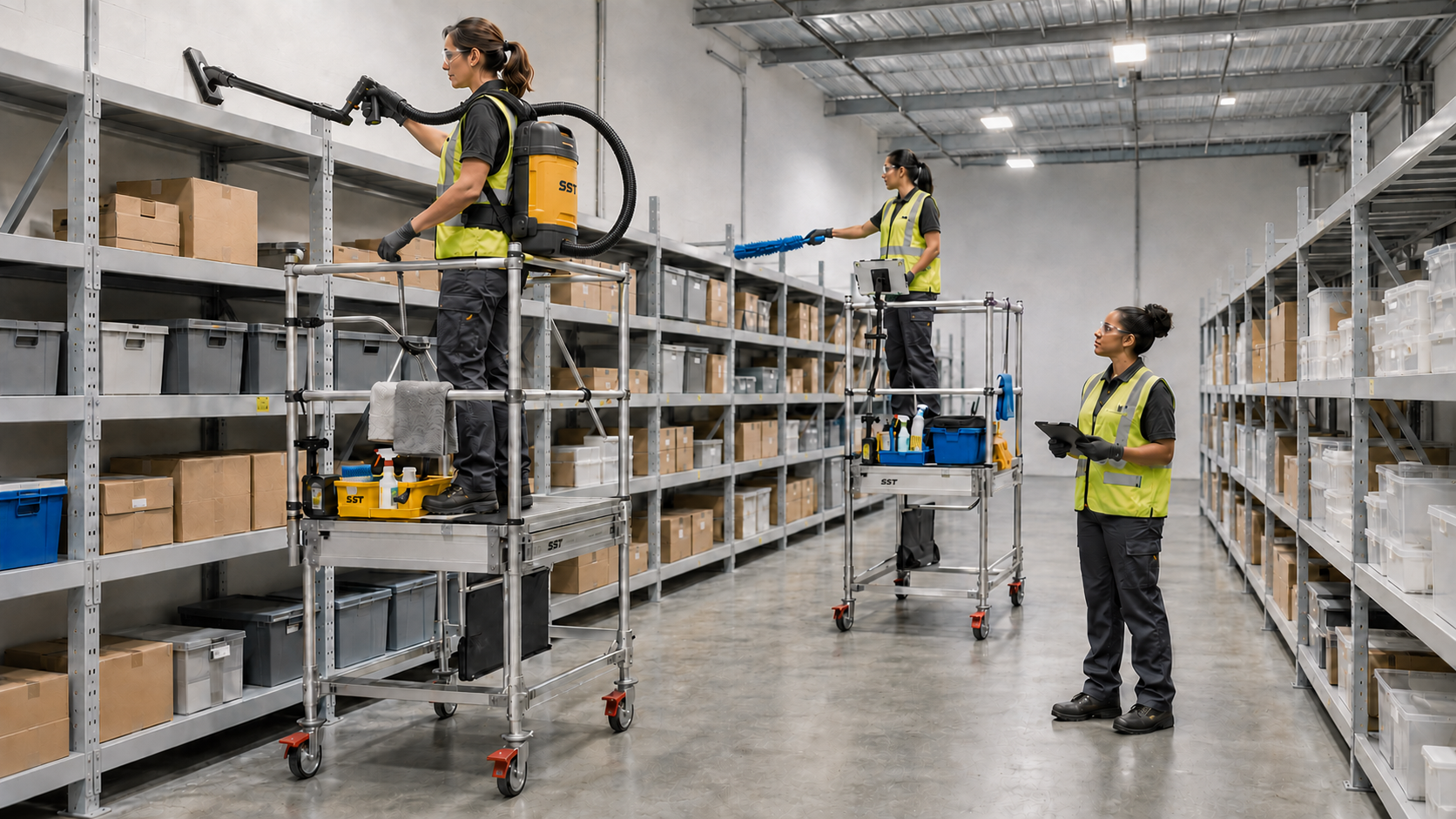 Three-person commercial warehouse shelf-cleaning crew using HEPA vacuums and microfiber detailing tools
