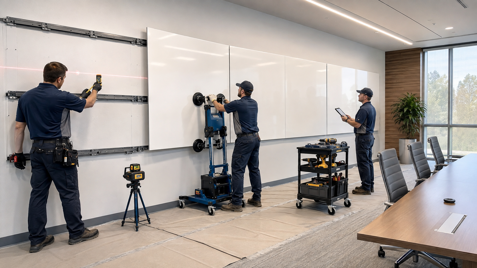 Three technicians installing aligned whiteboards in a modern conference room